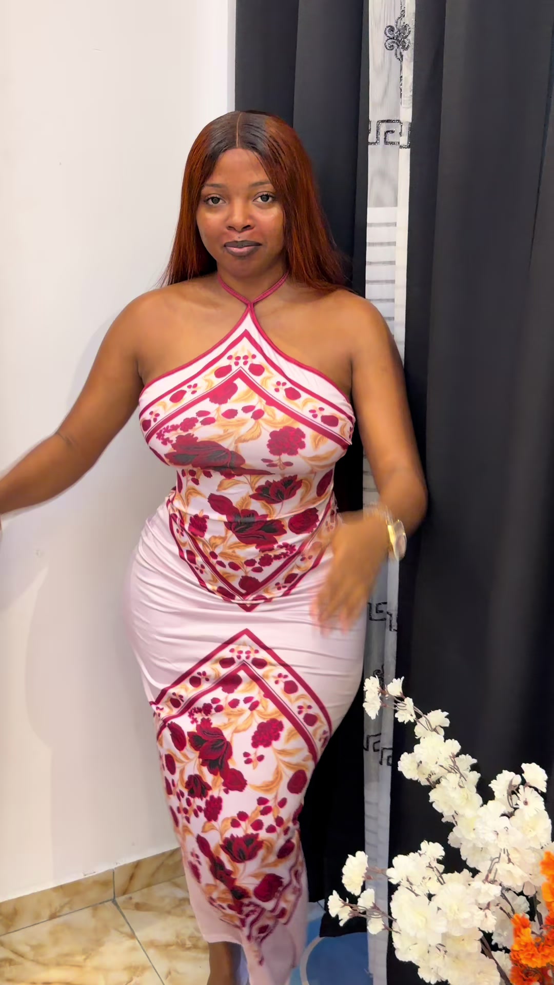 Robe rose à imprimé floral halter @Mel💕