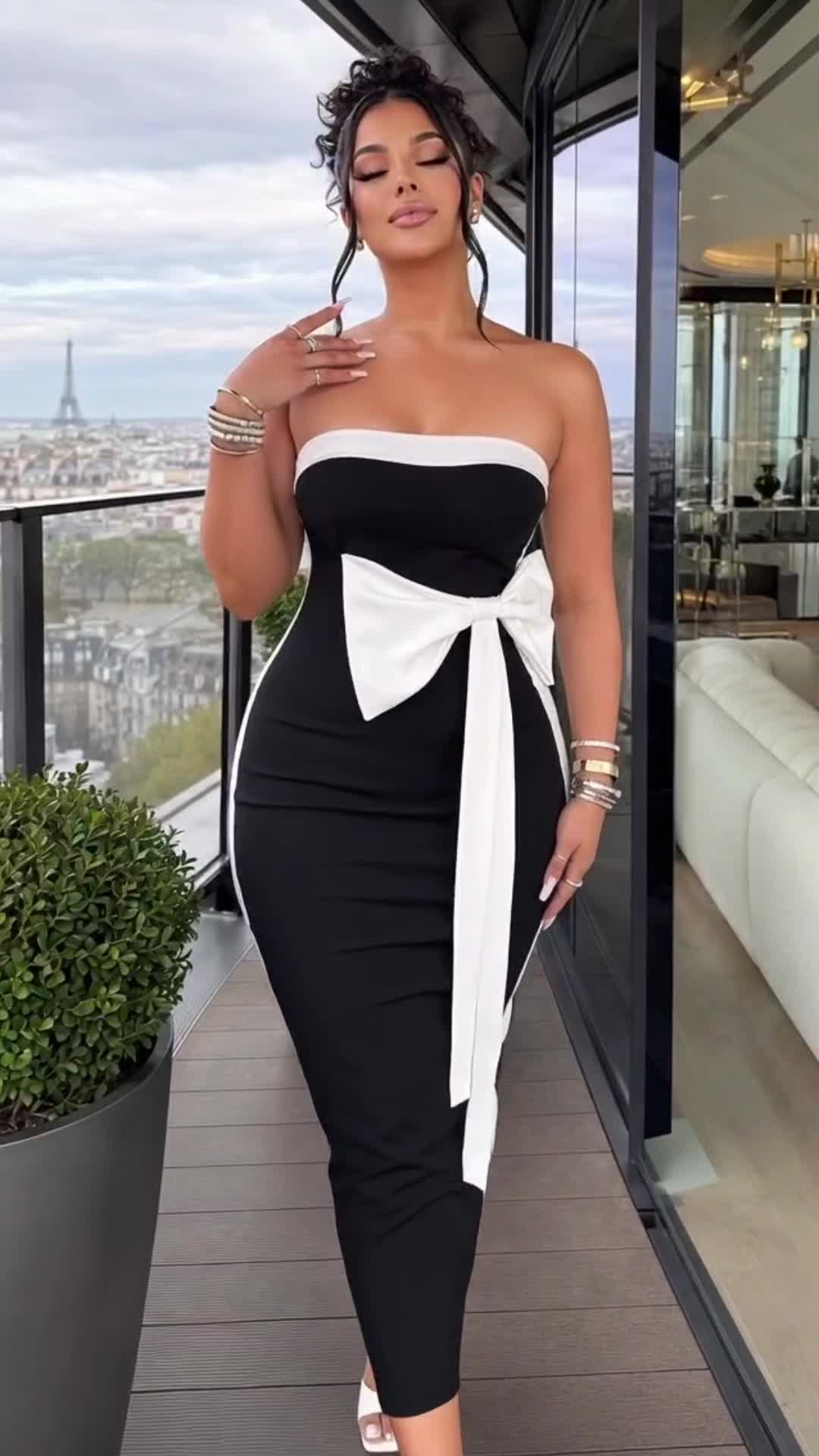Robe longue noire et blanche, sans bretelles, @siri-ceza