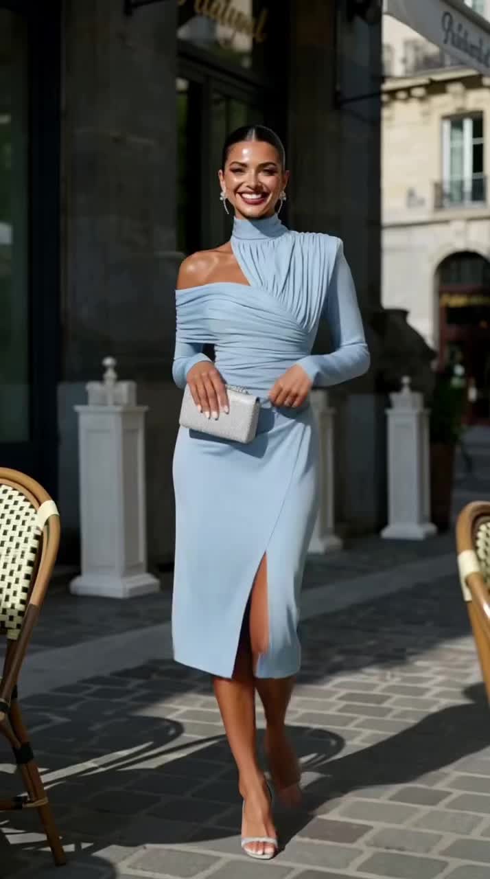 Robe bleu asymétrique à manches longues @kakisila