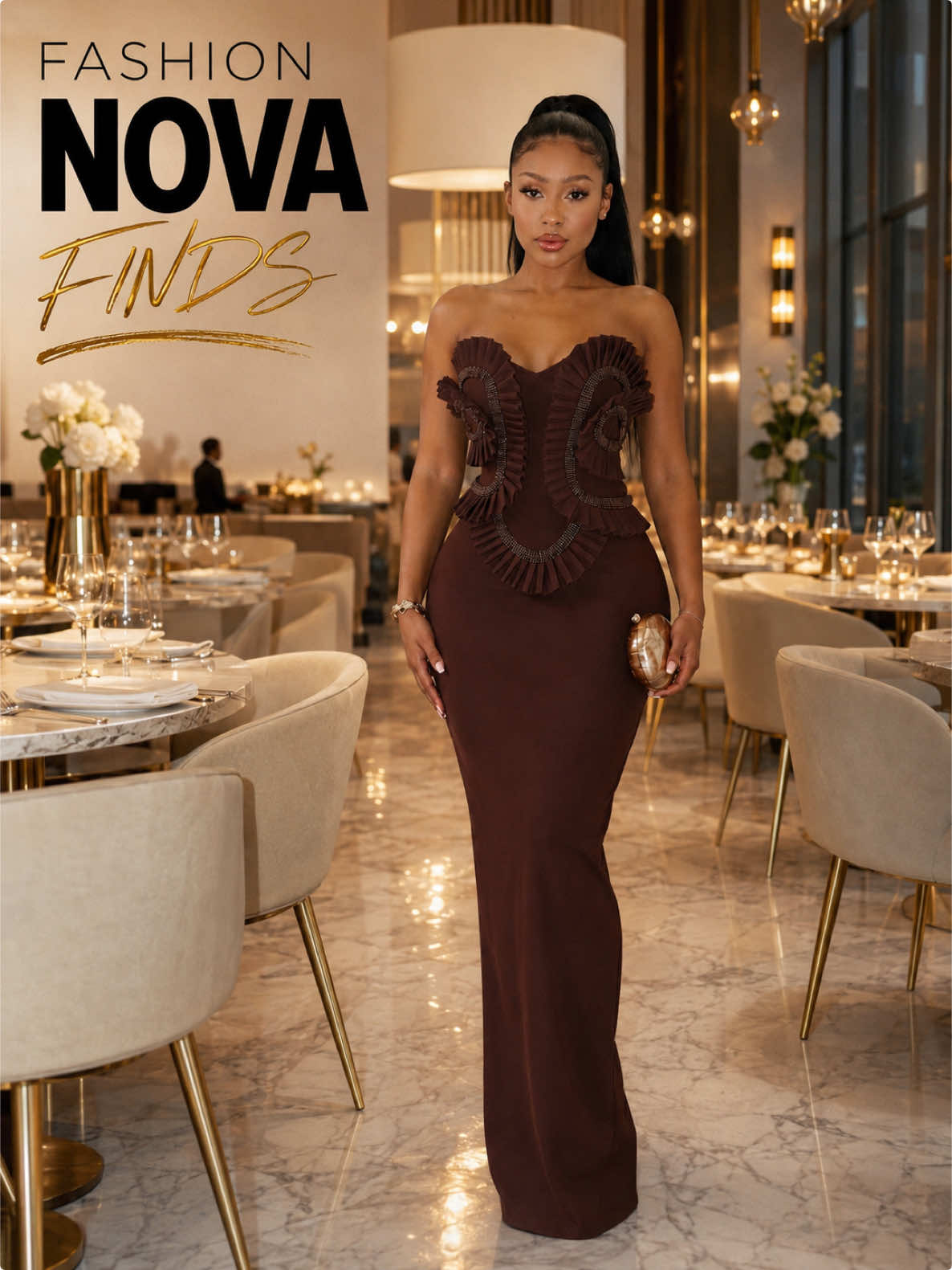 Robe bandage marron ornée de volants, style élégant @𝑺𝒕𝒖𝒅𝒊𝒐𝑽𝒆𝒓𝒂𝑨𝑰🦋❤️