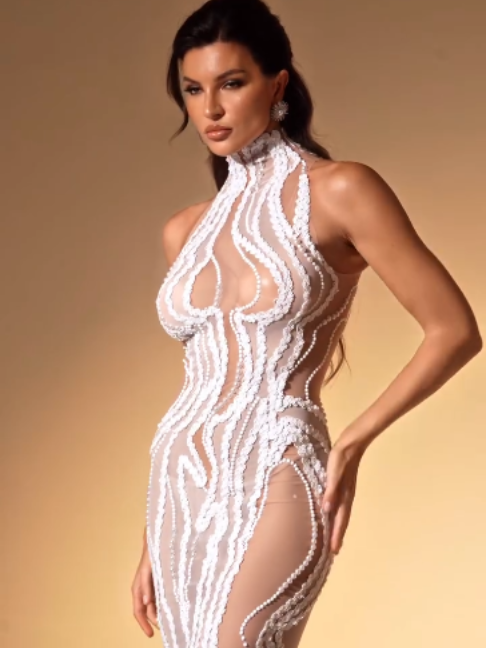 Robe blanche transparente à perles élégante @Mew Mews Fashion